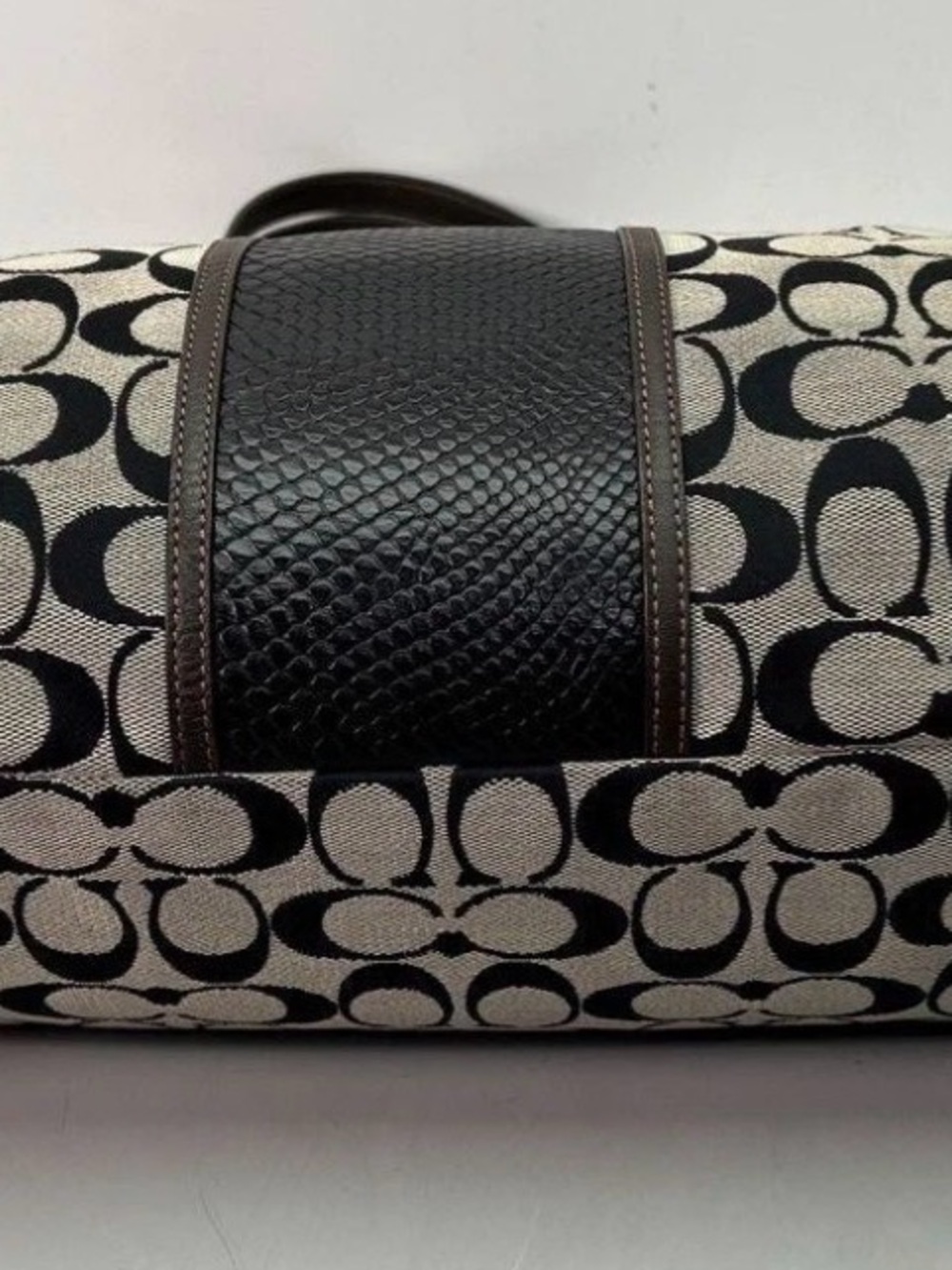Coach Signature (black) Snakeskin Stripe Saddle Tote F31444 Brown Leather Trim - Picture 6 of 16